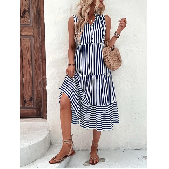 Rouge! Dresses & Skirts - Striped Blue White V-Neck Midi Dress Sleeveless Flared Ruffle Hem A-line